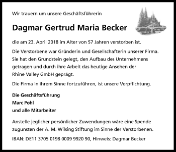 Anzeige von Dagmar Gertrud Maria Becker von Kölner Stadt-Anzeiger / Kölnische Rundschau / Express