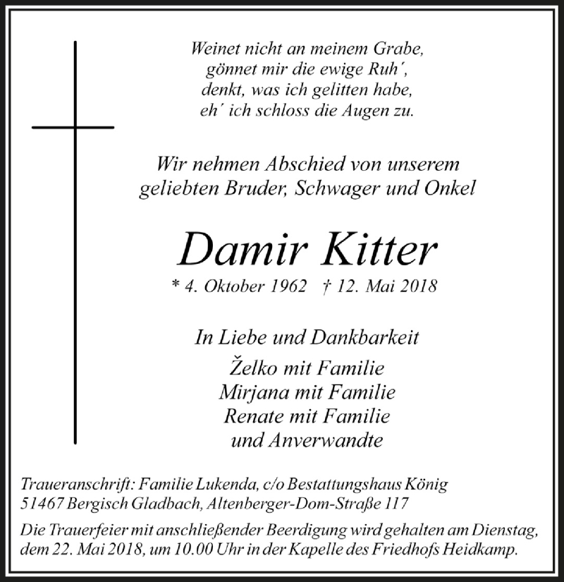  Traueranzeige für Damir Kitter vom 16.05.2018 aus  Bergisches Handelsblatt 