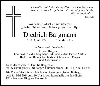 Anzeige von Diedrich Bargmann von Kölner Stadt-Anzeiger / Kölnische Rundschau / Express