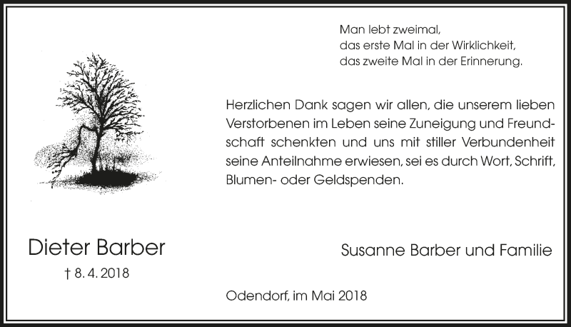  Traueranzeige für Dieter Barber vom 16.05.2018 aus  Schaufenster/Blickpunkt 