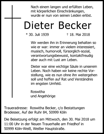 Anzeige von Dieter Becker von Kölner Stadt-Anzeiger / Kölnische Rundschau / Express