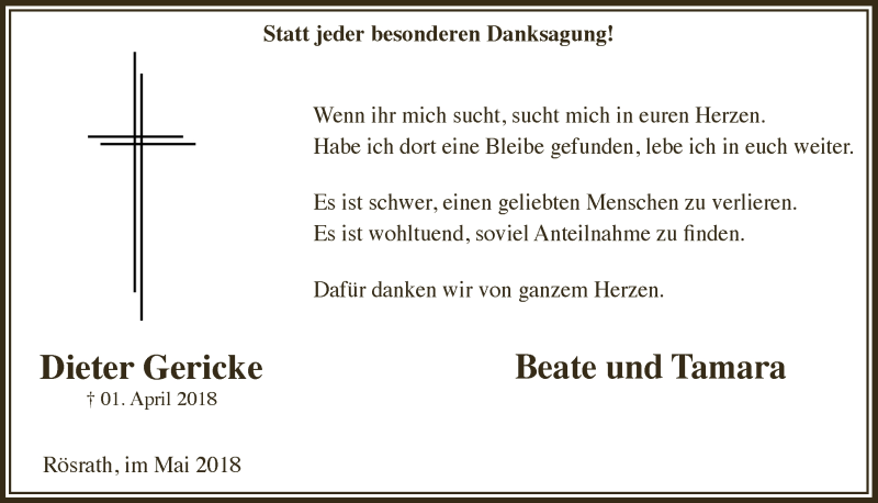  Traueranzeige für Dieter Gericke vom 16.05.2018 aus  Bergisches Handelsblatt 