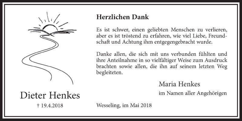  Traueranzeige für Dieter Henkes vom 23.05.2018 aus  Schlossbote/Werbekurier 
