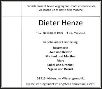Anzeige von Dieter Henze von  Bergisches Handelsblatt 