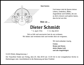 Anzeige von Dieter Schmidt von Kölner Stadt-Anzeiger / Kölnische Rundschau / Express