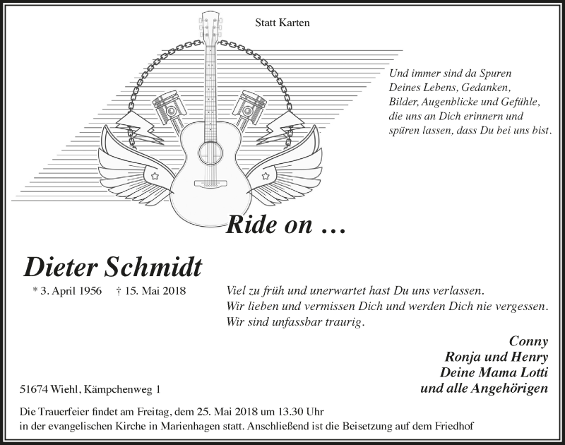  Traueranzeige für Dieter Schmidt vom 23.05.2018 aus  Anzeigen Echo 
