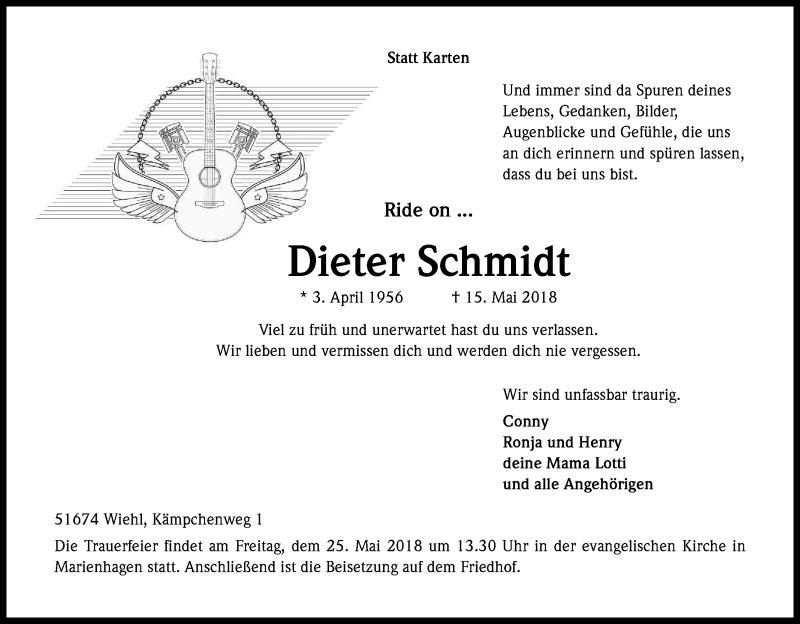  Traueranzeige für Dieter Schmidt vom 23.05.2018 aus Kölner Stadt-Anzeiger / Kölnische Rundschau / Express