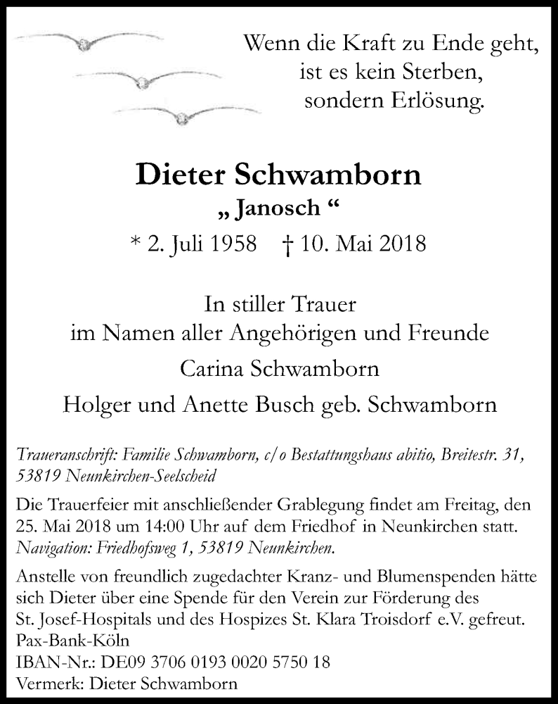 Traueranzeige für Dieter Schwamborn vom 19.05.2018 aus Kölner Stadt-Anzeiger / Kölnische Rundschau / Express