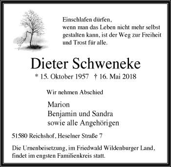 Anzeige von Dieter Schweneke von  Lokalanzeiger 