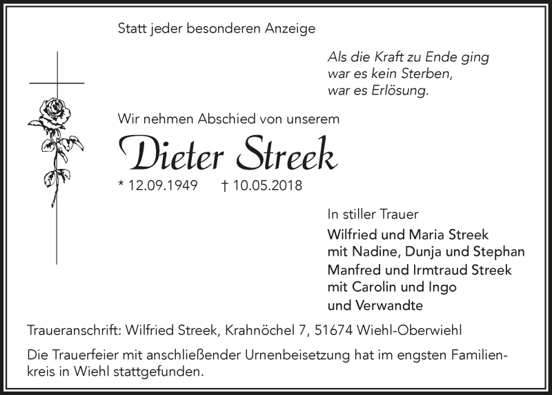  Traueranzeige für Dieter Streek vom 23.05.2018 aus  Anzeigen Echo 