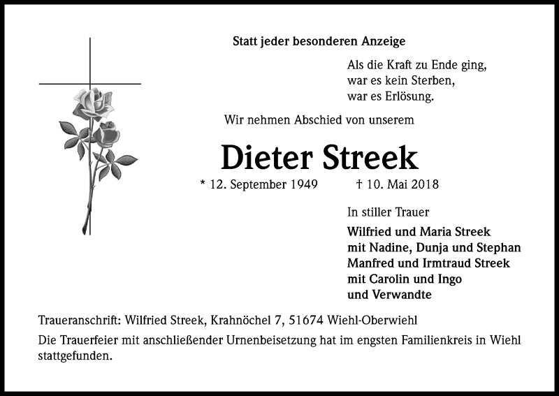  Traueranzeige für Dieter Streek vom 26.05.2018 aus Kölner Stadt-Anzeiger / Kölnische Rundschau / Express