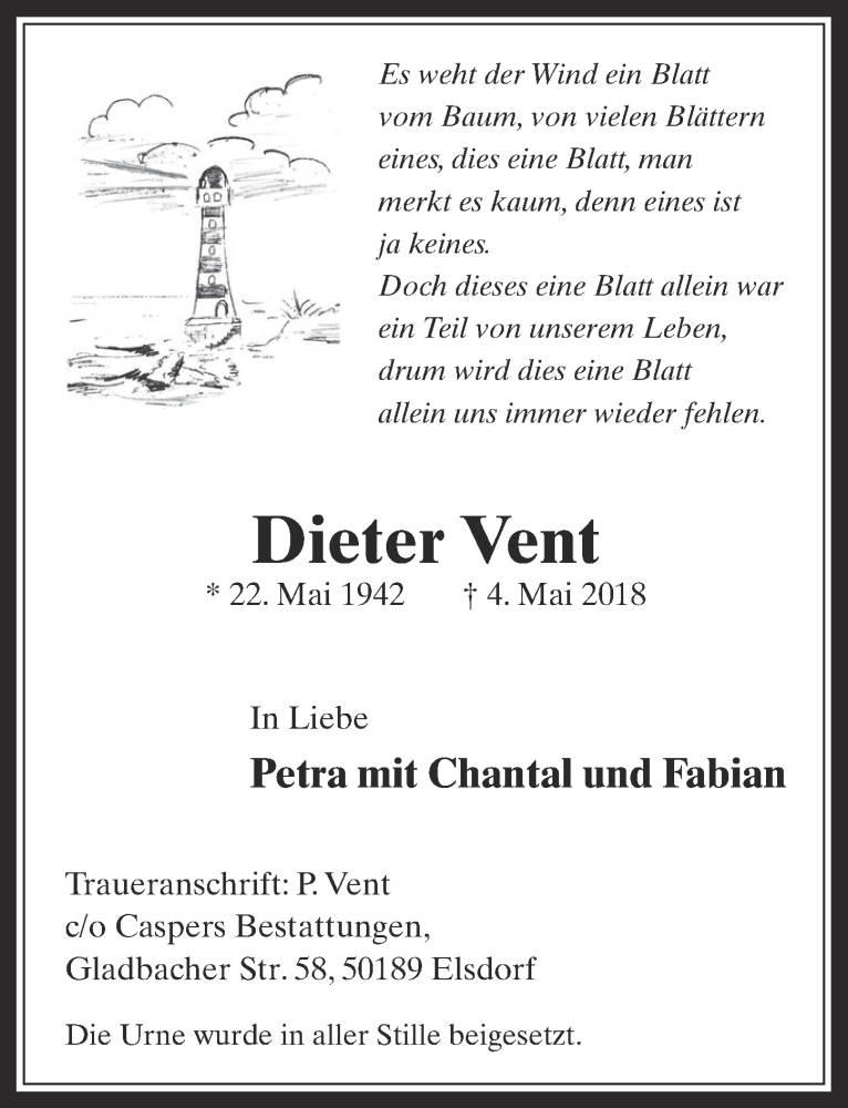  Traueranzeige für Dieter Vent vom 23.05.2018 aus  Werbepost 
