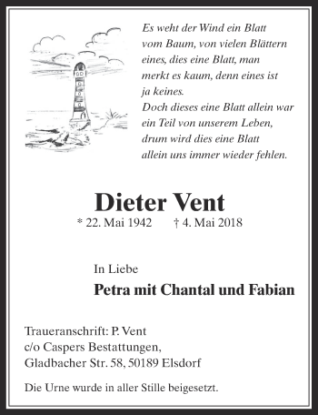 Anzeige von Dieter Vent von  Werbepost 