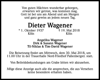 Anzeige von Dieter Wagener von Kölner Stadt-Anzeiger / Kölnische Rundschau / Express