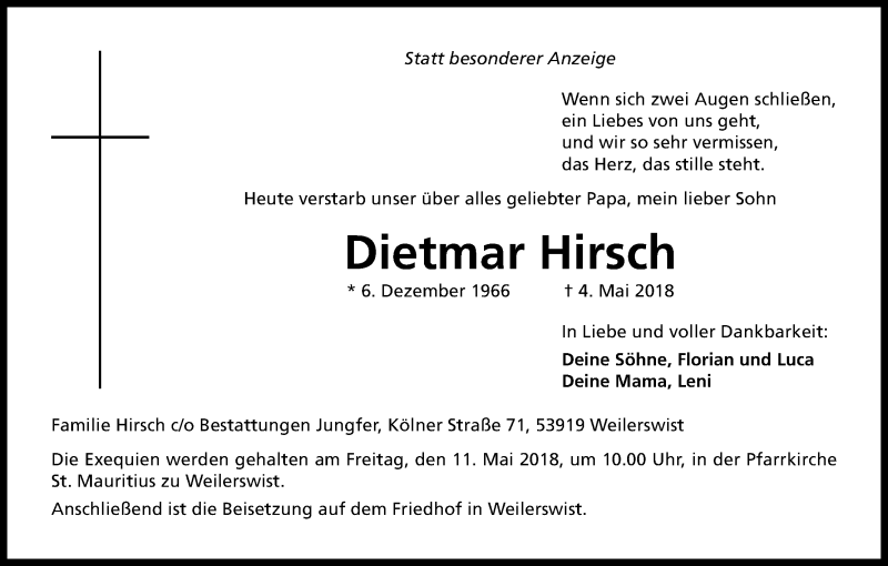  Traueranzeige für Dietmar Hirsch vom 09.05.2018 aus Kölner Stadt-Anzeiger / Kölnische Rundschau / Express