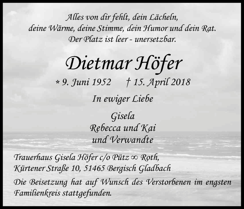  Traueranzeige für Dietmar Höfer vom 05.05.2018 aus Kölner Stadt-Anzeiger / Kölnische Rundschau / Express