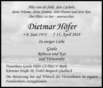 Anzeige von Dietmar Höfer von Kölner Stadt-Anzeiger / Kölnische Rundschau / Express