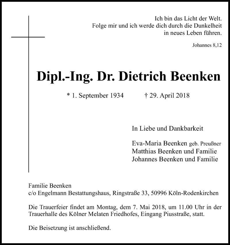  Traueranzeige für Dietrich Beenken vom 05.05.2018 aus Kölner Stadt-Anzeiger / Kölnische Rundschau / Express