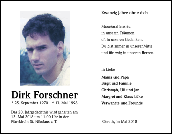 Anzeige von Dirk Forschner von Kölner Stadt-Anzeiger / Kölnische Rundschau / Express