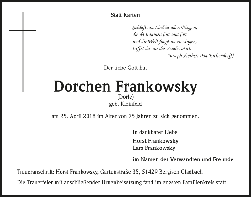  Traueranzeige für Dorchen Frankowsky vom 09.05.2018 aus  Bergisches Handelsblatt 