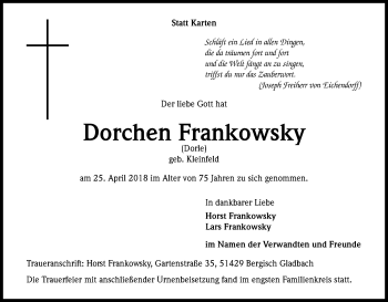 Anzeige von Dorchen Frankowsky von Kölner Stadt-Anzeiger / Kölnische Rundschau / Express