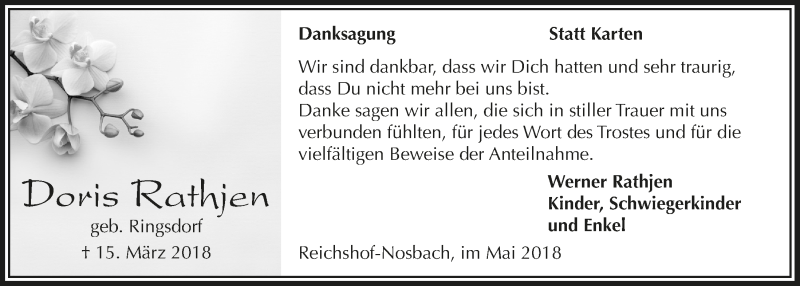  Traueranzeige für Doris Rathjen vom 02.05.2018 aus  Lokalanzeiger 
