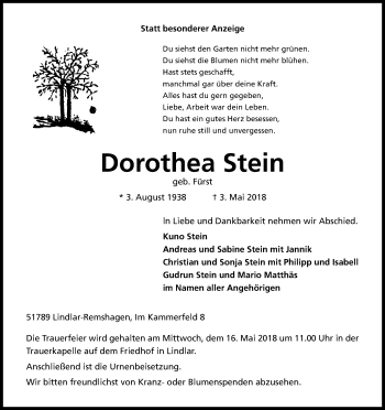 Anzeige von Dorothea Stein von Kölner Stadt-Anzeiger / Kölnische Rundschau / Express