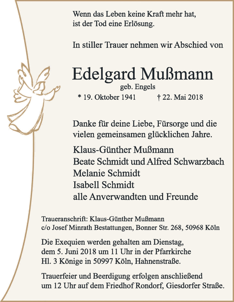  Traueranzeige für Edelgard Mußmann vom 26.05.2018 aus Kölner Stadt-Anzeiger / Kölnische Rundschau / Express