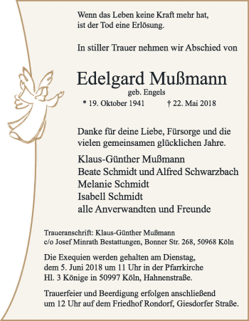 Anzeige von Edelgard Mußmann von Kölner Stadt-Anzeiger / Kölnische Rundschau / Express