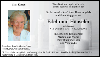 Anzeige von Edeltraud Hänseler von Kölner Stadt-Anzeiger / Kölnische Rundschau / Express