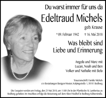 Anzeige von Edeltraud Michels von Kölner Stadt-Anzeiger / Kölnische Rundschau / Express