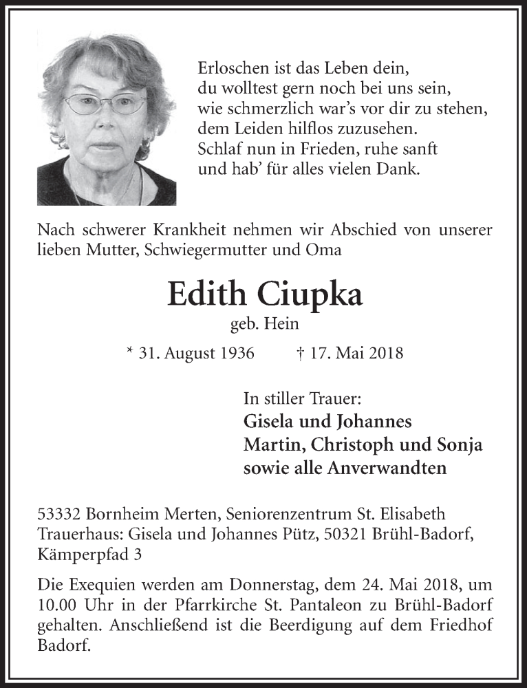  Traueranzeige für Edith Ciupka vom 23.05.2018 aus  Schlossbote/Werbekurier 