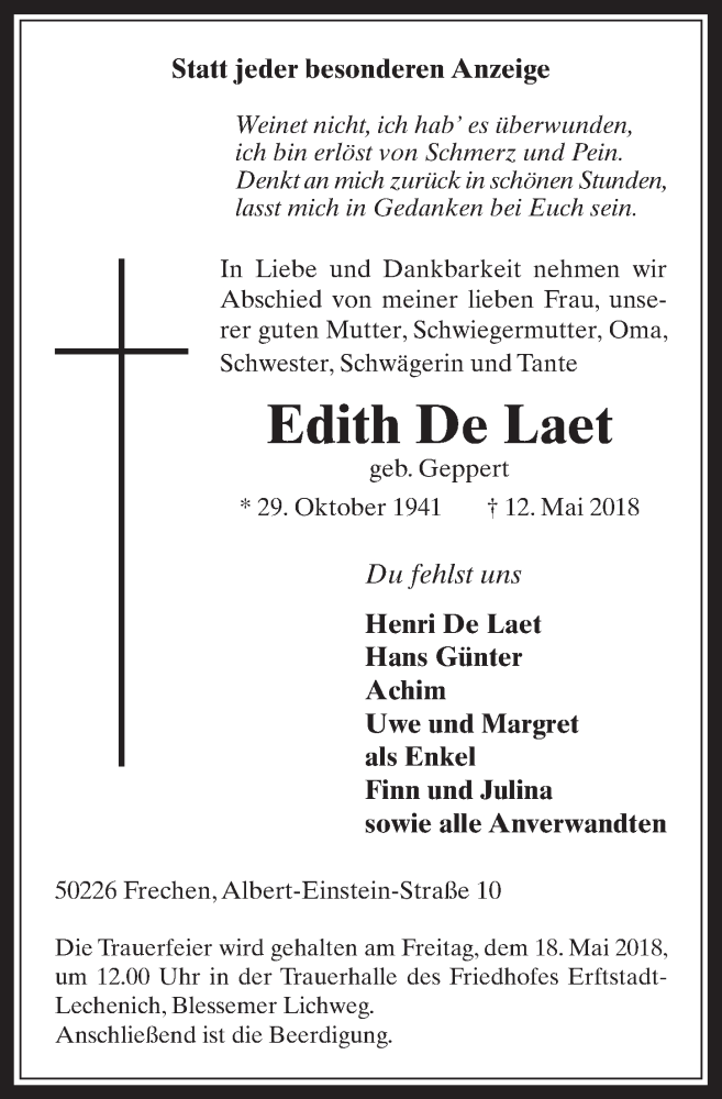  Traueranzeige für Edith  De Laet vom 16.05.2018 aus  Wochenende 