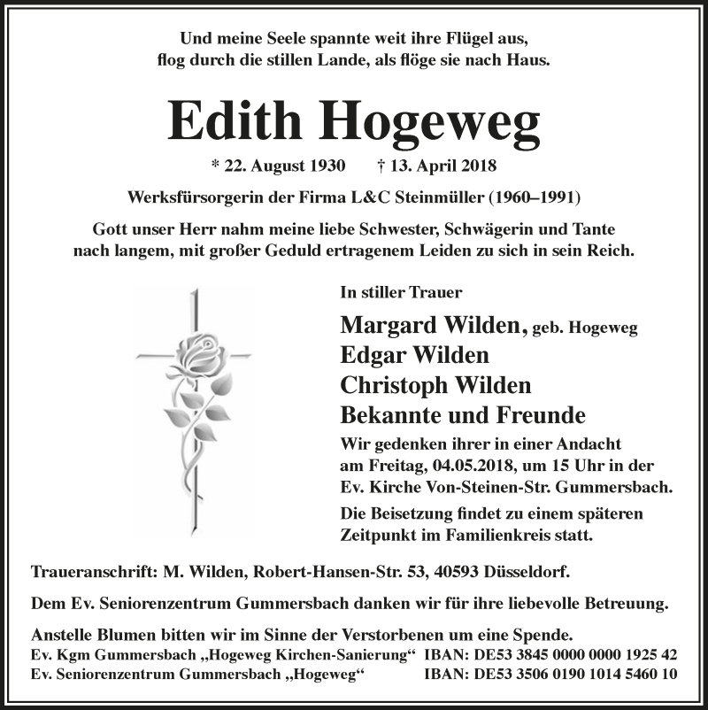  Traueranzeige für Edith Hogeweg vom 02.05.2018 aus  Anzeigen Echo 