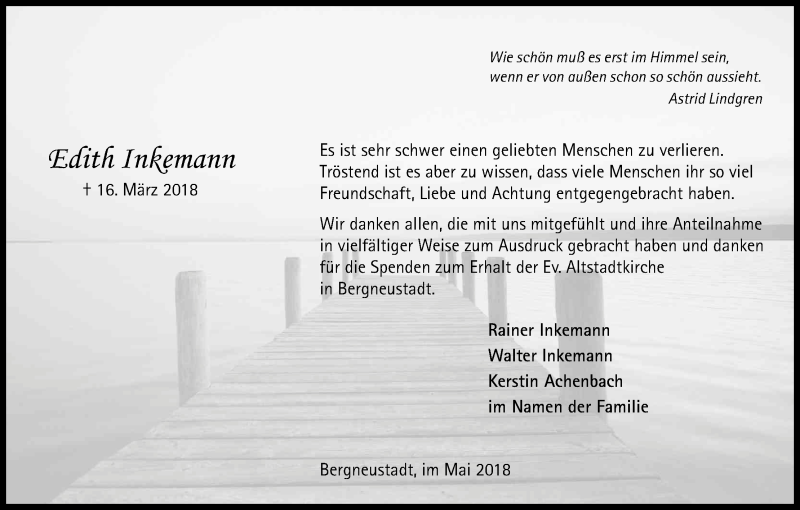  Traueranzeige für Edith Inkemann vom 05.05.2018 aus Kölner Stadt-Anzeiger / Kölnische Rundschau / Express