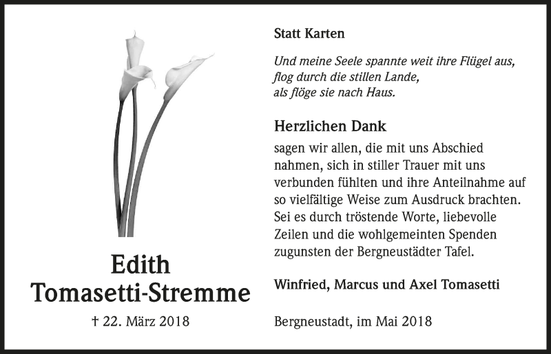  Traueranzeige für Edith Tomasetti-Stremme vom 09.05.2018 aus  Anzeigen Echo 