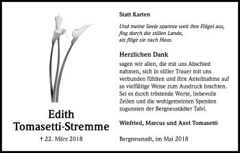 Anzeige von Edith Tomasetti-Stremme von Kölner Stadt-Anzeiger / Kölnische Rundschau / Express
