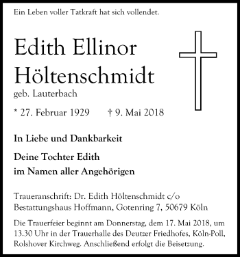 Anzeige von Edith Ellinor Höltenschmidt von Kölner Stadt-Anzeiger / Kölnische Rundschau / Express