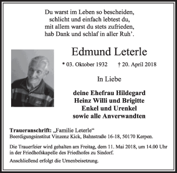 Anzeige von Edmund Leterle von  Sonntags-Post 