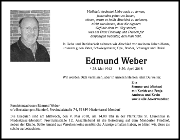 Anzeige von Edmund Weber von Kölner Stadt-Anzeiger / Kölnische Rundschau / Express