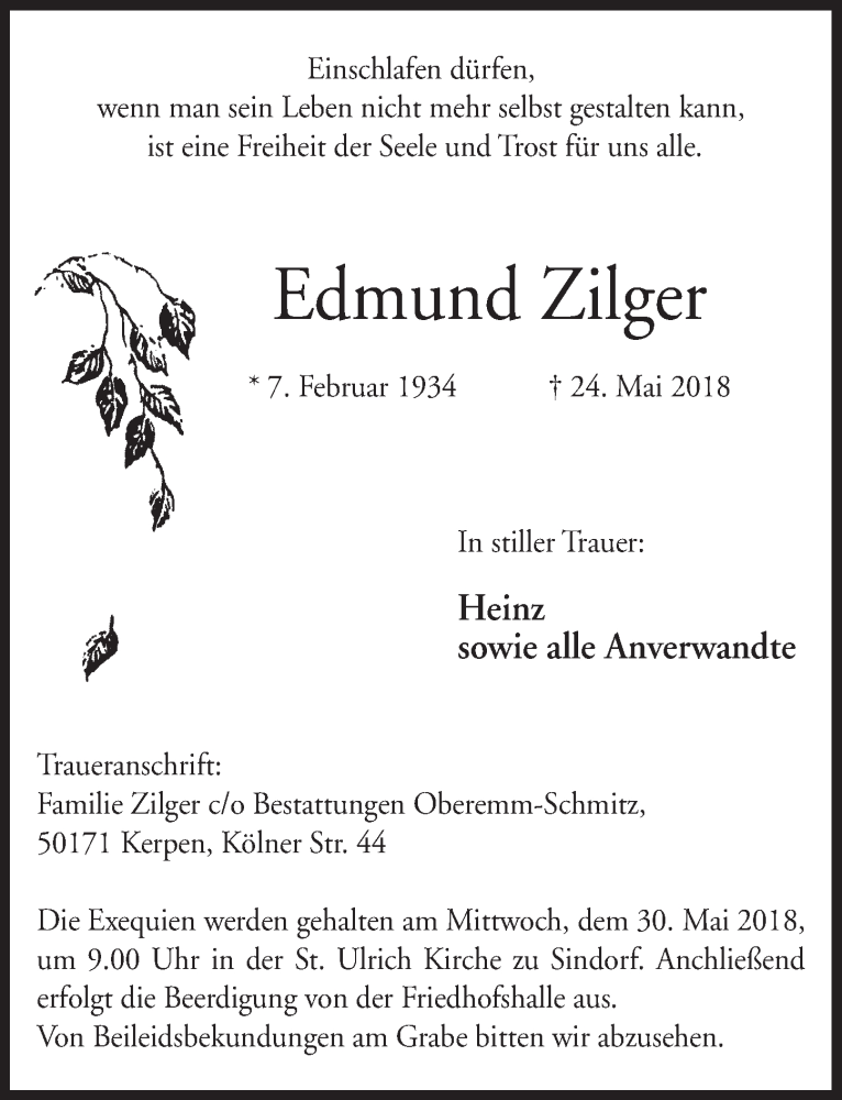  Traueranzeige für Edmund Zilger vom 30.05.2018 aus  Werbepost 