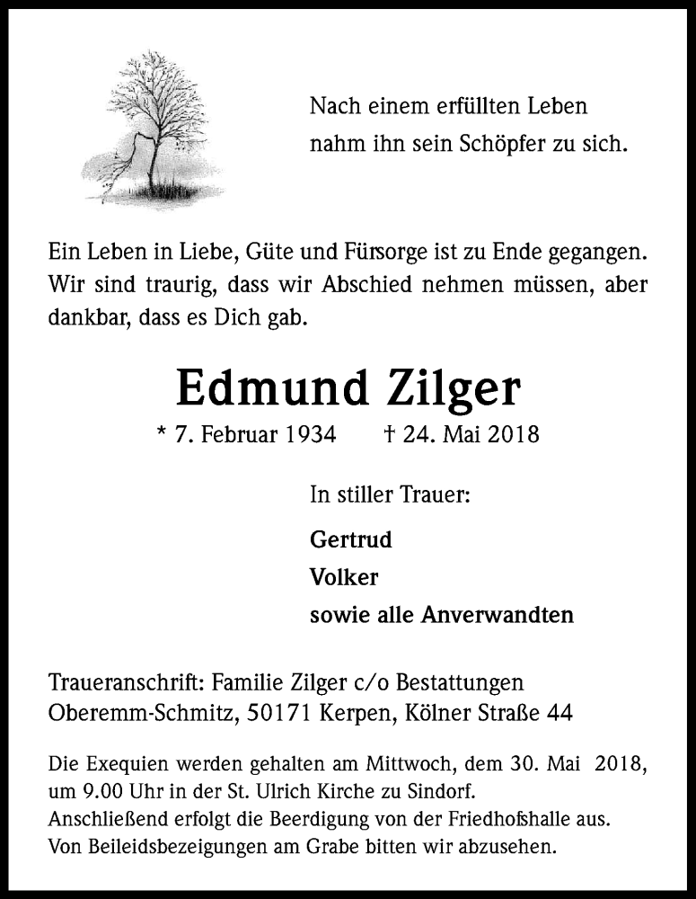  Traueranzeige für Edmund Zilger vom 26.05.2018 aus Kölner Stadt-Anzeiger / Kölnische Rundschau / Express