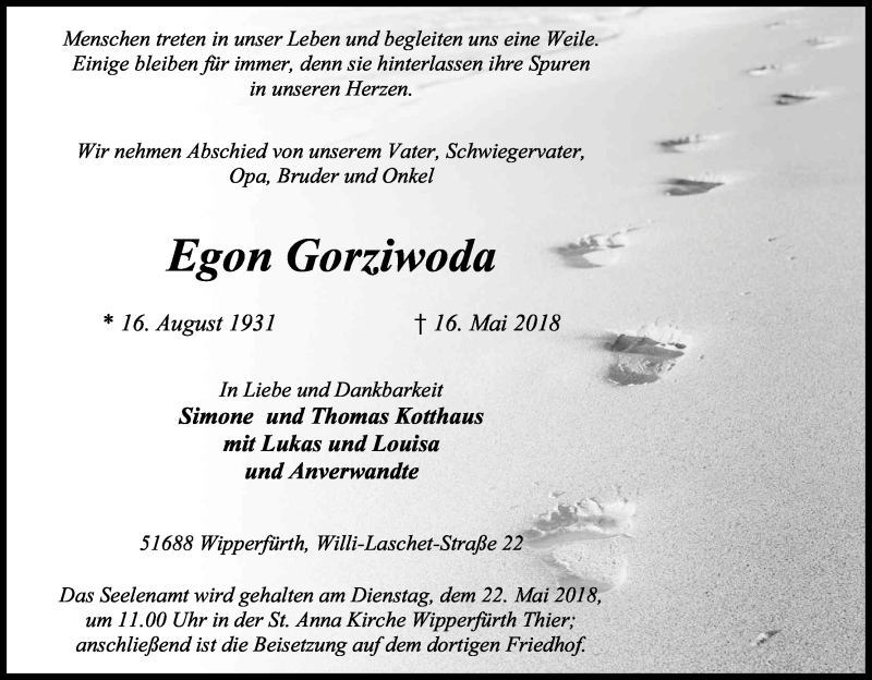  Traueranzeige für Egon Gorziwoda vom 17.05.2018 aus Kölner Stadt-Anzeiger / Kölnische Rundschau / Express