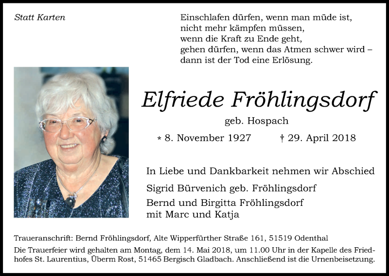  Traueranzeige für Elfriede Fröhlingsdorf vom 05.05.2018 aus Kölner Stadt-Anzeiger / Kölnische Rundschau / Express