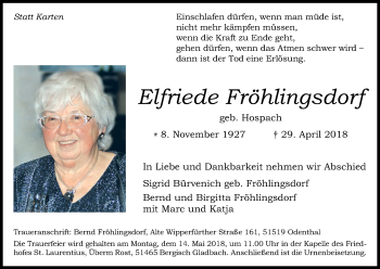 Anzeige von Elfriede Fröhlingsdorf von Kölner Stadt-Anzeiger / Kölnische Rundschau / Express