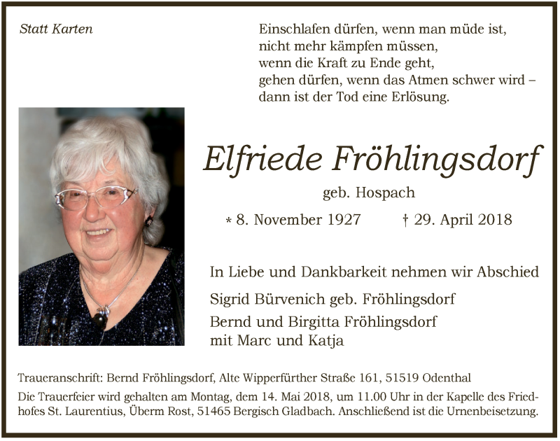  Traueranzeige für Elfriede Fröhlingsdorf vom 09.05.2018 aus  Bergisches Handelsblatt 