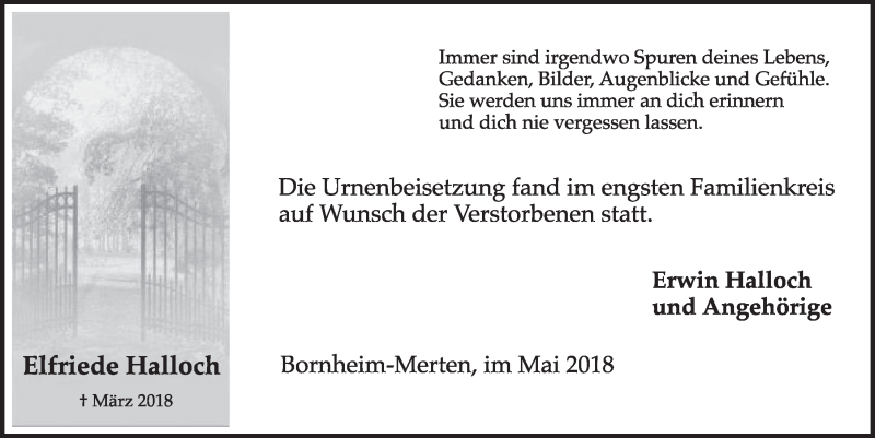  Traueranzeige für Elfriede Halloch vom 30.05.2018 aus  Schlossbote/Werbekurier 