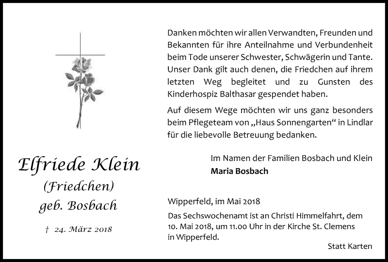  Traueranzeige für Elfriede Klein vom 05.05.2018 aus Kölner Stadt-Anzeiger / Kölnische Rundschau / Express