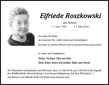 Anzeige von Elfriede Roszkowski von Kölner Stadt-Anzeiger / Kölnische Rundschau / Express