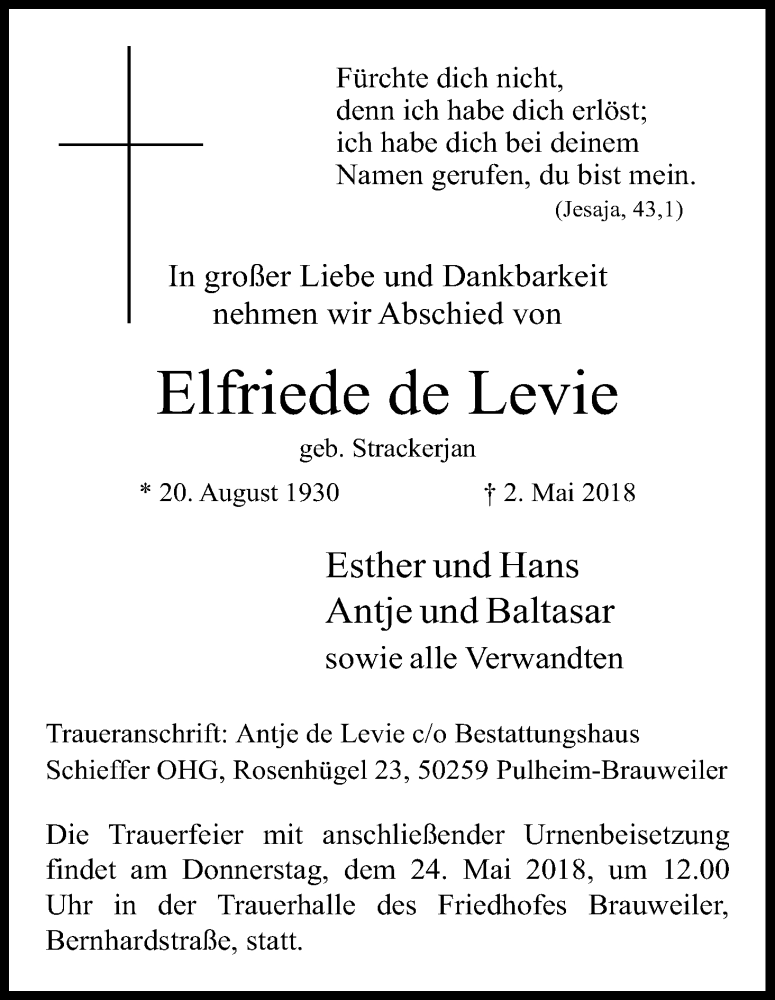 Traueranzeige für Elfriede de Levie vom 19.05.2018 aus Kölner Stadt-Anzeiger / Kölnische Rundschau / Express